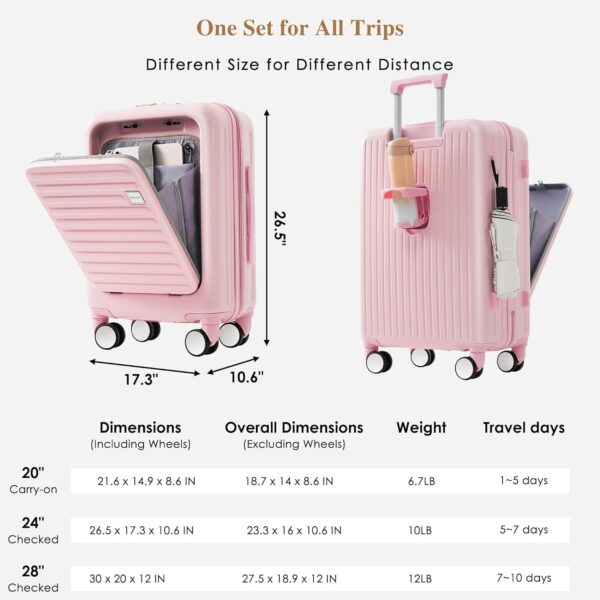 Merax Luggage Sets 3 Pcs, Hardside Suit case with Front Pocket Cup Holder and TSA Lock, Girlie Pink, 20/24/28 Inch - Image 6