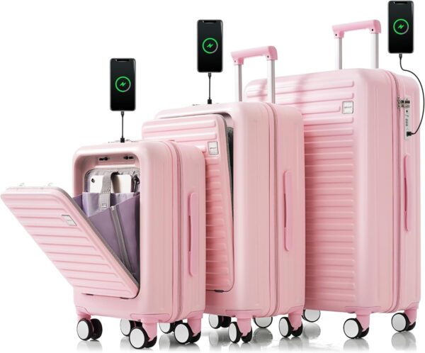 Merax Luggage Sets 3 Pcs, Hardside Suit case with Front Pocket Cup Holder and TSA Lock, Girlie Pink, 20/24/28 Inch