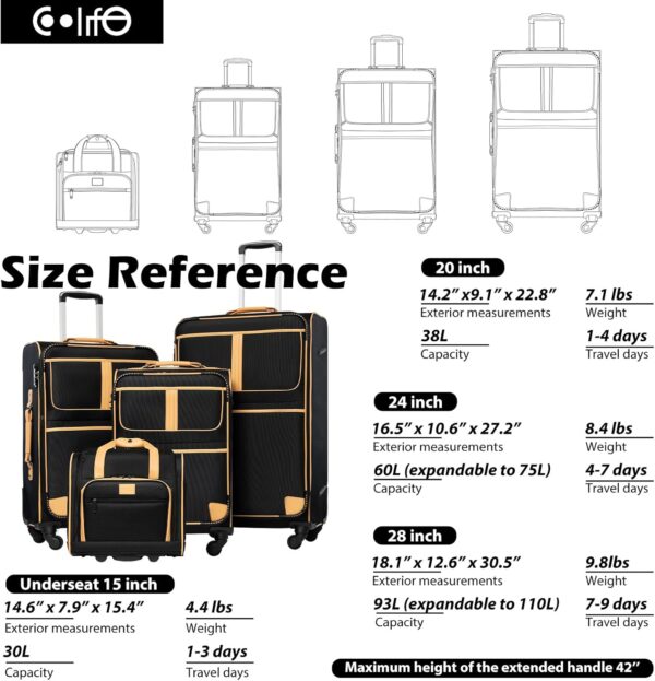 Coolife Luggage 4 Piece Set Suitcase Expandable TSA lock spinner softshell - Image 7