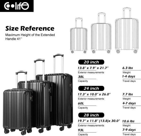 COOLIFE Luggage Expandable Suitcase PC+ABS 3 Piece Set with TSA Lock Spinner Carry on 20in24in28in (Teal, 3 piece set) - Image 7