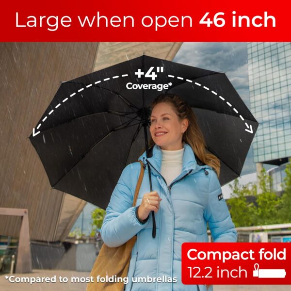 TUMELLA Flip-proof Inverted Travel Umbrella, Small Strong but Light Portable and Automatic Reverse Folding Rain Umbrella, Durable Premium Grip, Fits Car & Backpack - Image 2