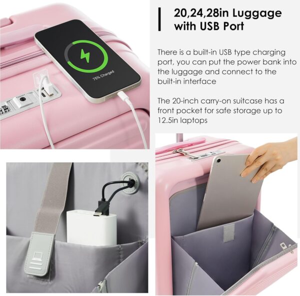 Merax Luggage Sets 3 Pcs, Hardside Suit case with Front Pocket Cup Holder and TSA Lock, Girlie Pink, 20/24/28 Inch - Image 3