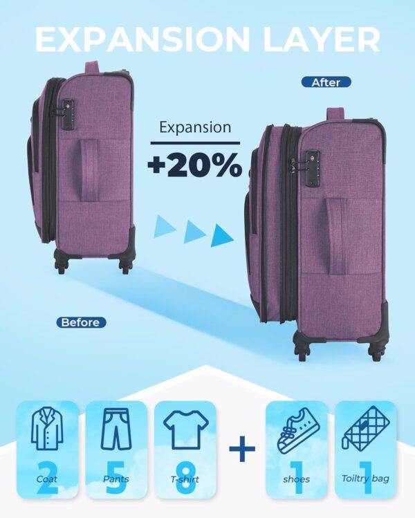 BAGSMART Expandable 20 inch Carry on Luggage Airline Approved, Lightweight Carry on Suitcase with Spinner Wheels, Family Travel Suitcase Set with Duffle Bag - Purple - Image 4