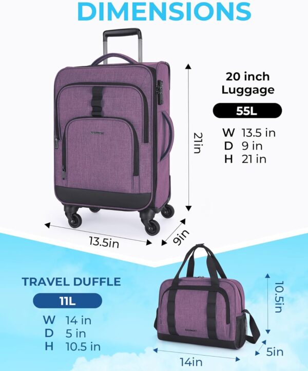 BAGSMART Expandable 20 inch Carry on Luggage Airline Approved, Lightweight Carry on Suitcase with Spinner Wheels, Family Travel Suitcase Set with Duffle Bag - Purple - Image 6