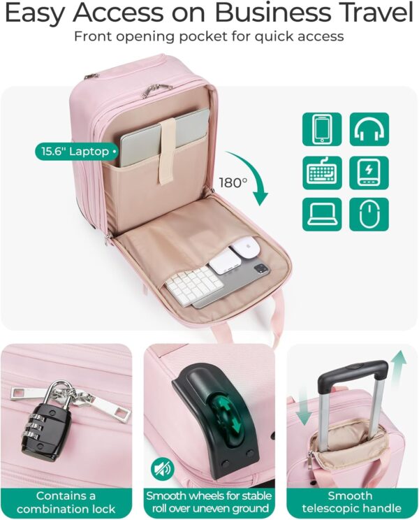 BAGSMART Carry on Luggage with Wheels, 16-inch Underseat Travel Suitcase Airline approved, Lightweight Softside Carry-on Luggage for Airplanes Women Overnight Rolling Bags for Short Trip, Baby Pink - Image 5