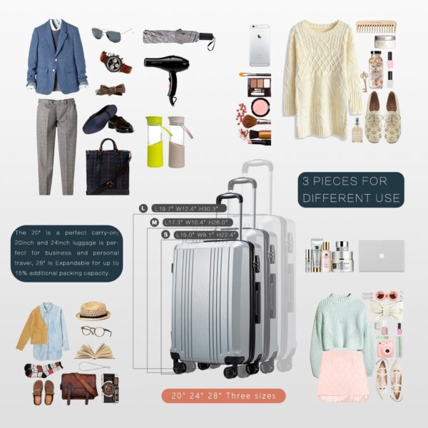 Coolife Luggage Expandable Suitcase PC+ABS 3 Piece Set with TSA Lock Spinner 20in24in28in - Image 6